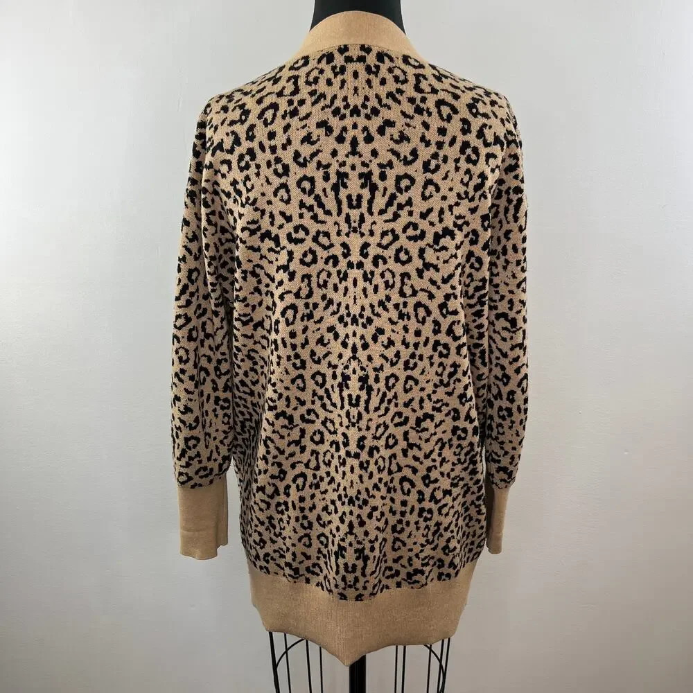 J. Crew V-neck Cardigan Sweater in Leopard Jacquard Relaxed Merino L1128 S